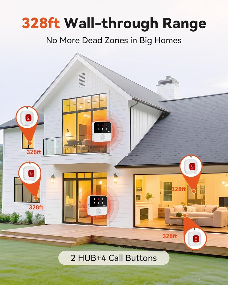 PILSAMAS Wireless Caregiver Call Button System - Dual Hub, Multi-Location Alarm, Dsiplay Caller ID & App Alert, No Monthly Fee, 4 IP65 Panic Buttons, Emergency Alert for Elderly at Home/Nursing Homes - Image 2